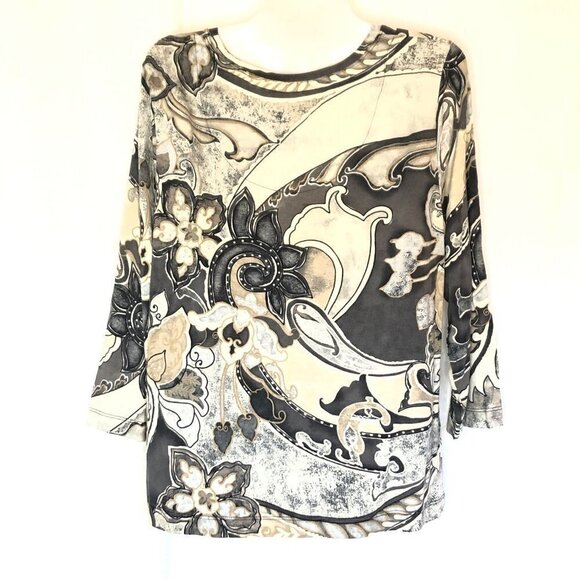 Top Story Stretch Tee Scoop Neck Muted Grey Taupe Beige Large Floral Print - Picture 4 of 8